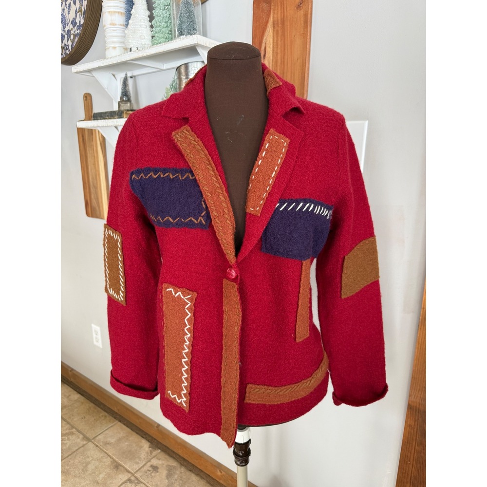 Christopher Banks Red Boiled Wool Patchwork Cardigan Jacket Blazer Womens‎ Large